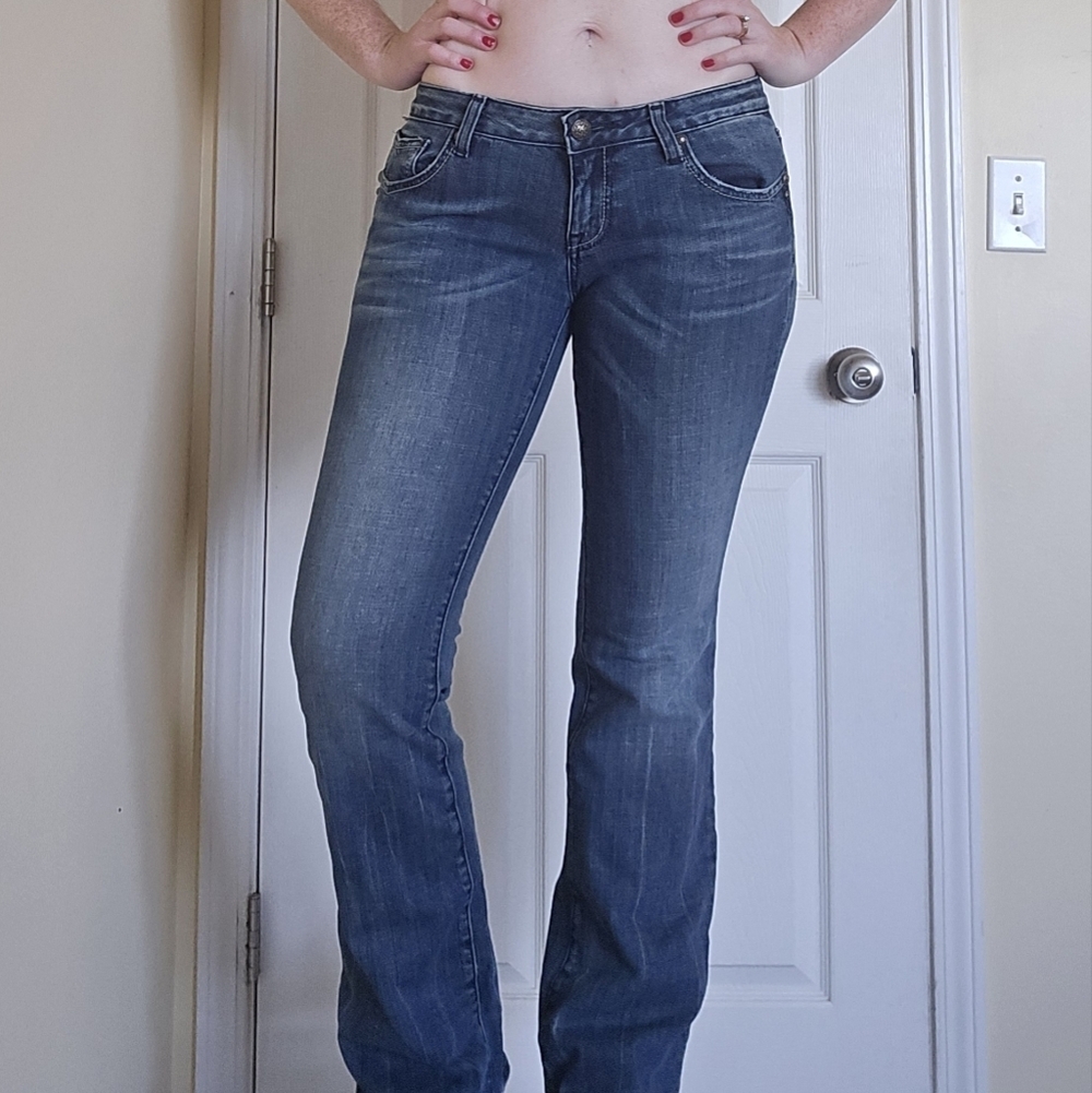 Express Bedrock Women's Dark Low Rise Blue Boot Cut Jeans